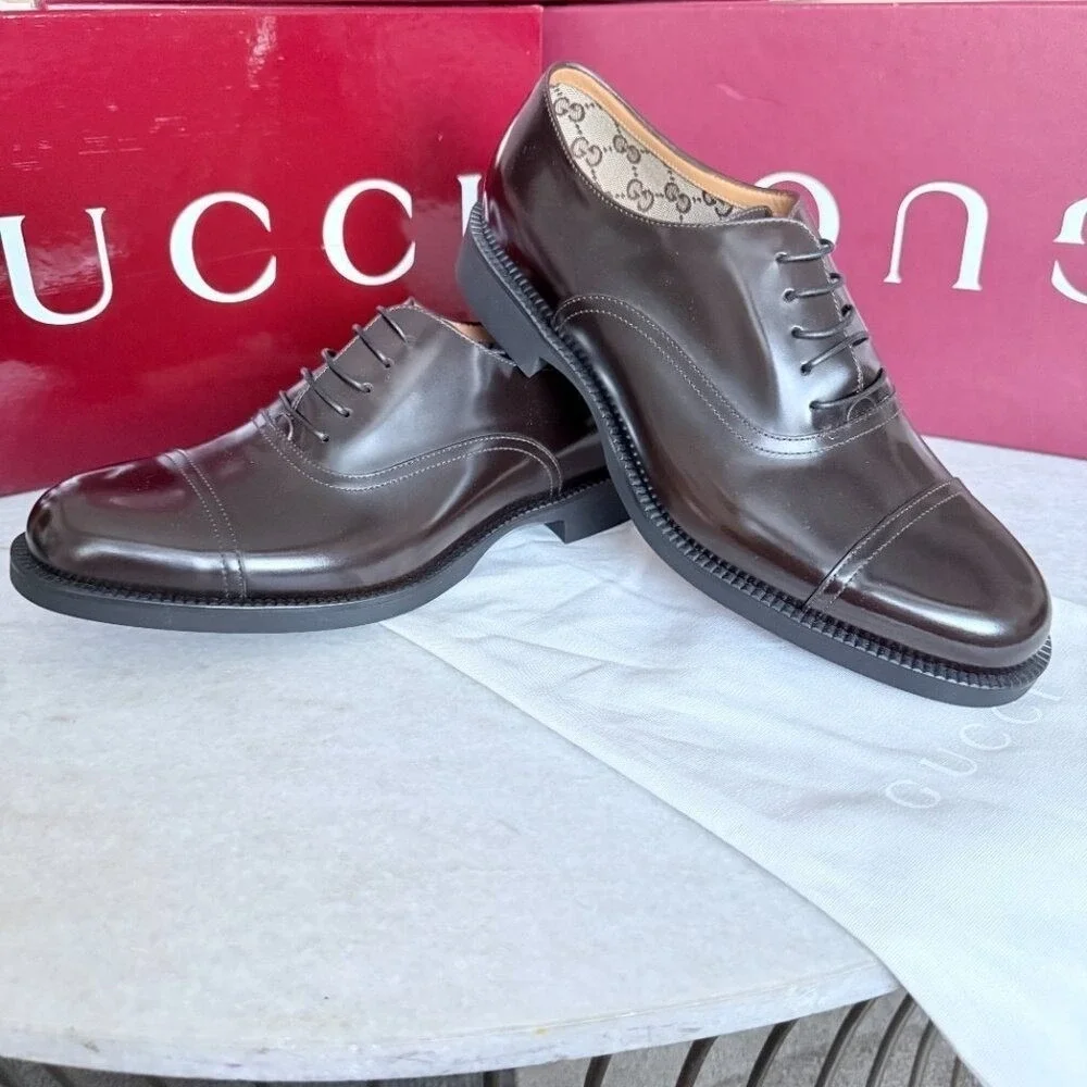 Gucci 812153 Mens Tempe Cap-Toe Dark Brown Leather Oxford Shoes, UK8. US 8.5